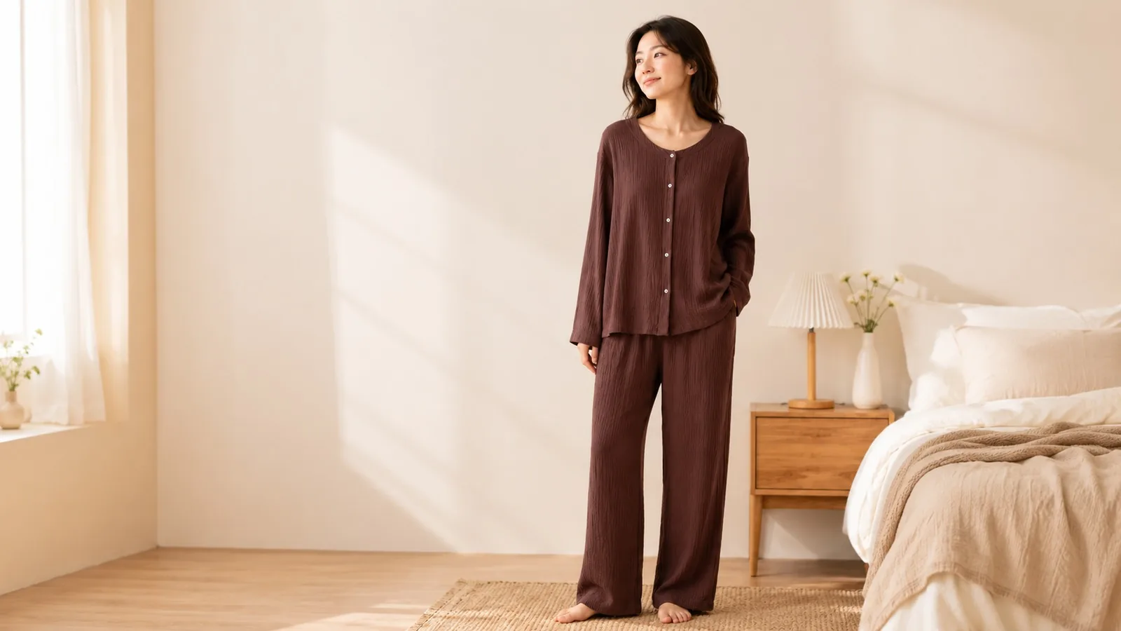 Cocoa brown solid cotton double-gauze homewear set