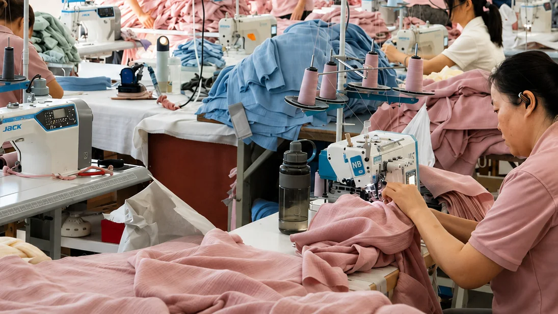 Sewing production floor, cropped to remove overhead visual clutter