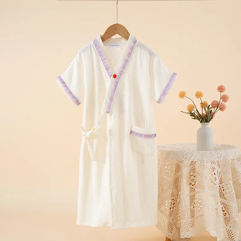 儿童棉纱布和服领短袖家居袍