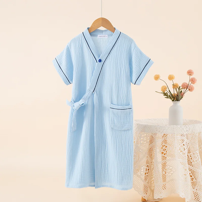 天蓝配藏蓝滚边儿童和服领袍