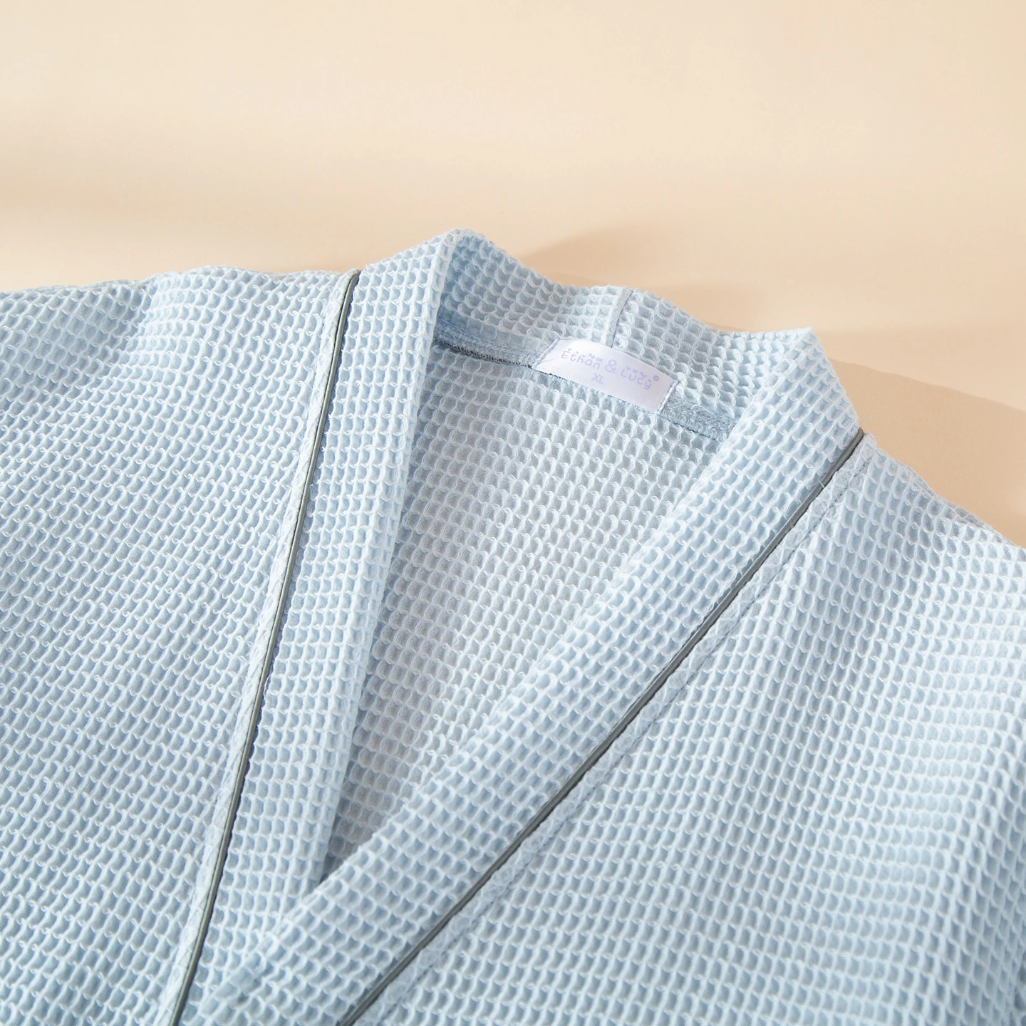 棉华夫格短袖交叉系带中长款浴袍 领口滚边 / Collar Piping